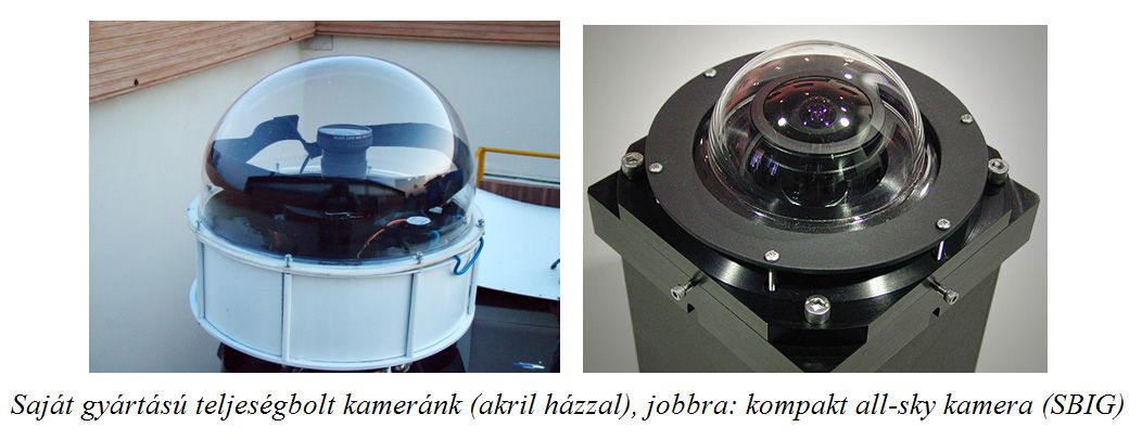 Saját gyártású teljeségbolt kameránk (akril házzal), jobbra: kompakt all-sky kamera (SBIG) 